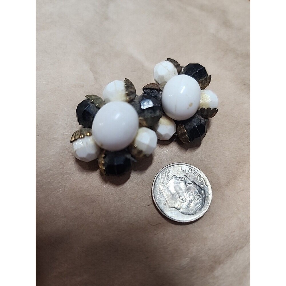 Vintage Black & White Brass BEADED Clip Earrings